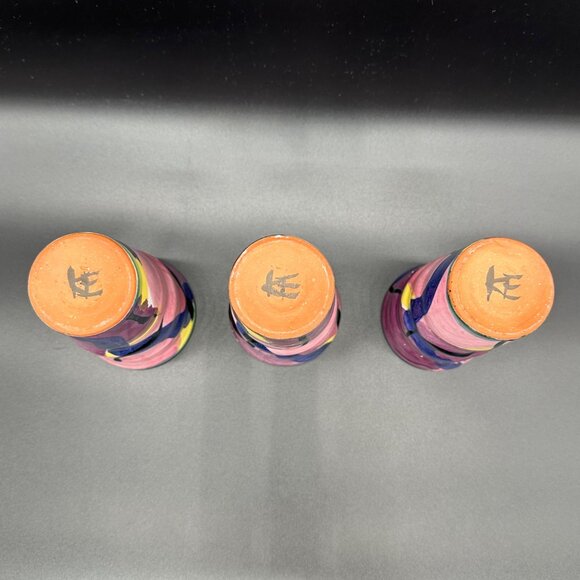 Art Pottery Tumblers Cups Redware Abstract Colorful Signed KE Handmade Painted - Picture 7 of 11